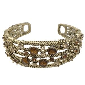 Brown & Topaz Rhinestone Open Lines Memory Wire Fancy Cuff Bracelet